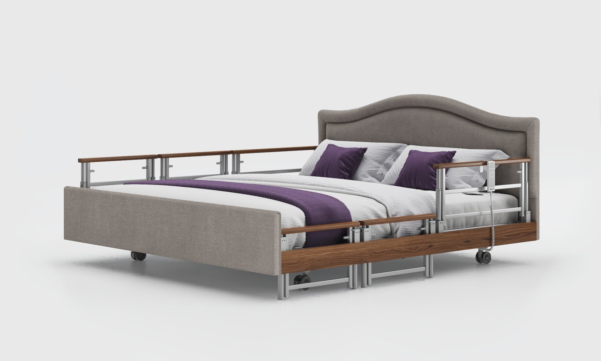 Signature comfort 6ft bed with walnut tri rails and pearl headboard in zinc material