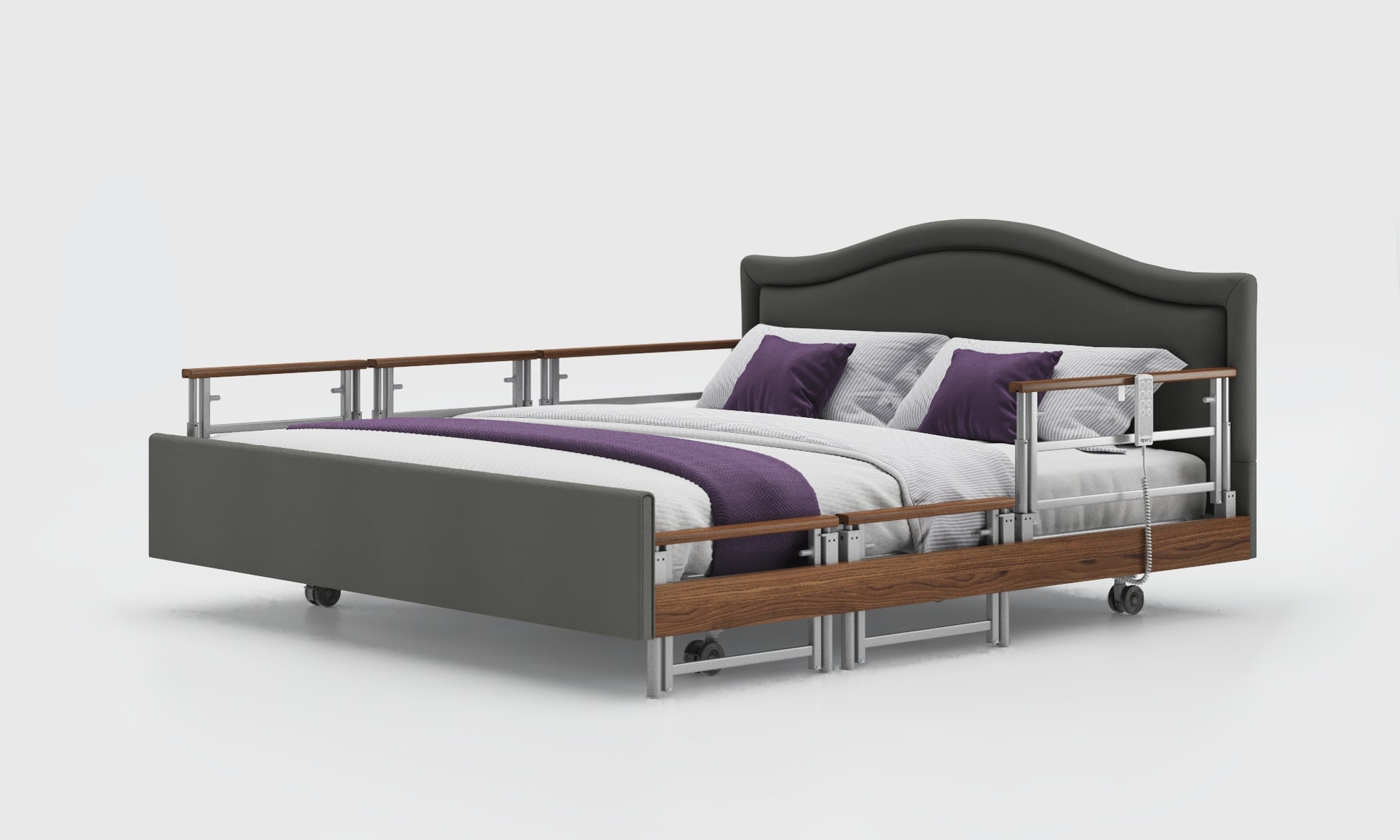 Signature comfort 6ft bed with walnut tri rails and pearl headboard in lichtgrau leather
