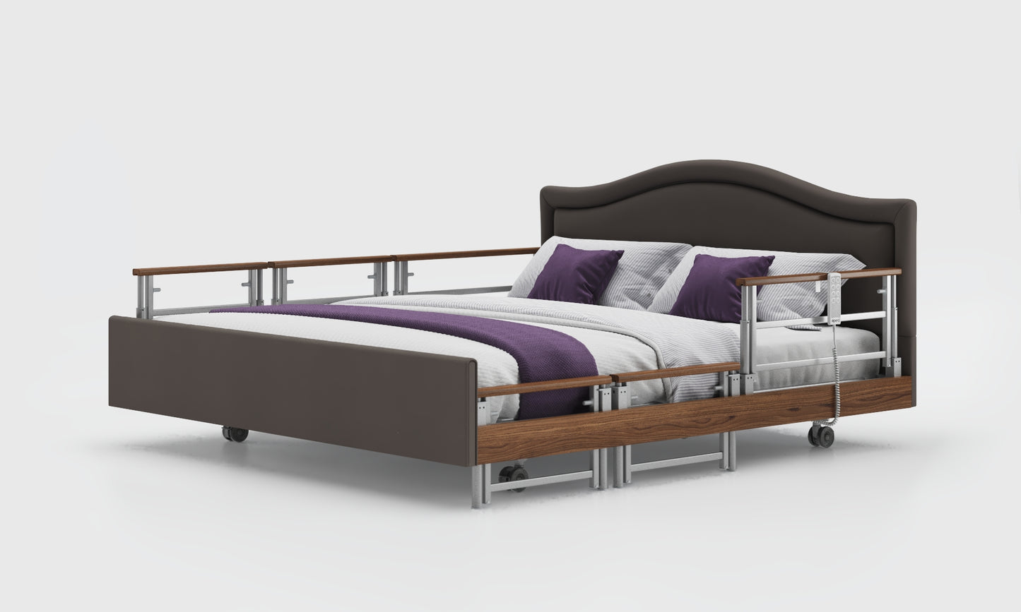 signature comfort 6ft bed and mattress wit the walnut tri rails in the meteor leather and pearl headboard