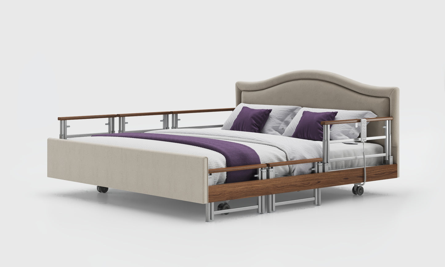 Signature comfort 6ft bed with walnut tri rails and pearl headboard in sisal leather
