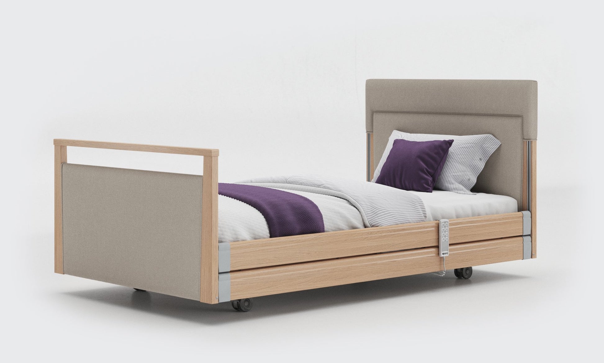 signature bed upholstered 3ft6 in oak with side rails in linen fabric