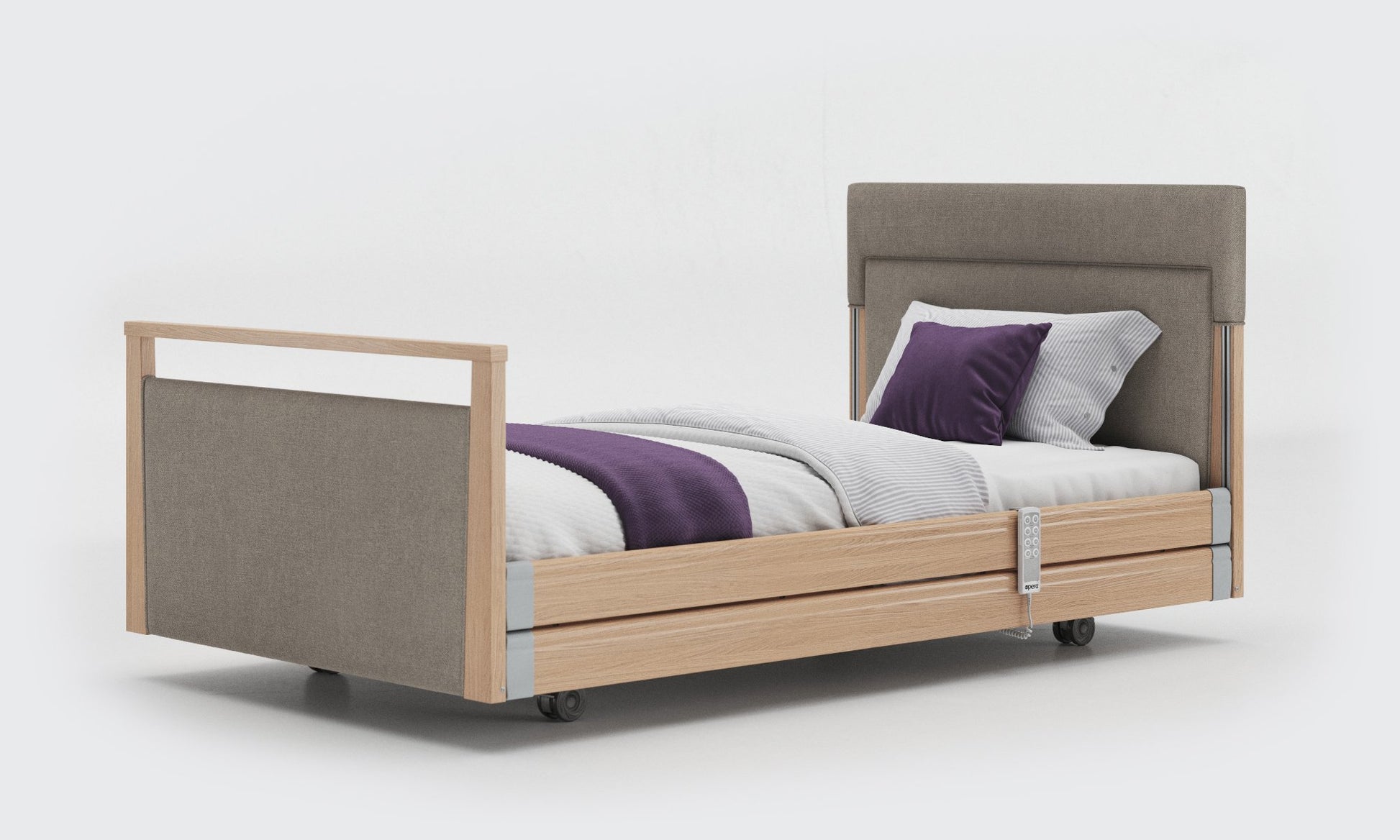 signature bed upholstered 3ft6 in oak with rails in zinc fabic