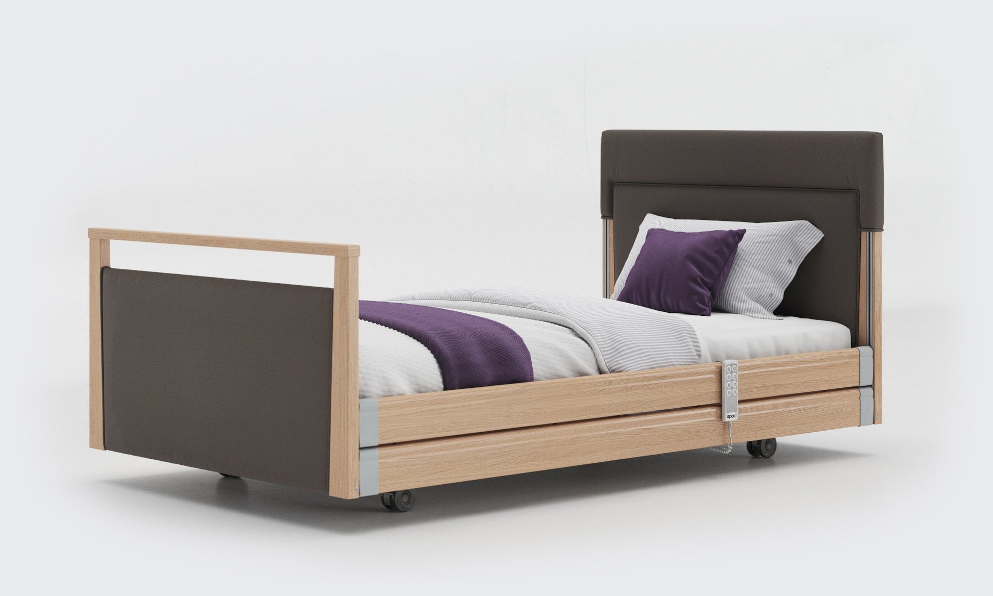signature bed upholstered 3ft6 in oak with side rails in meteor leather 