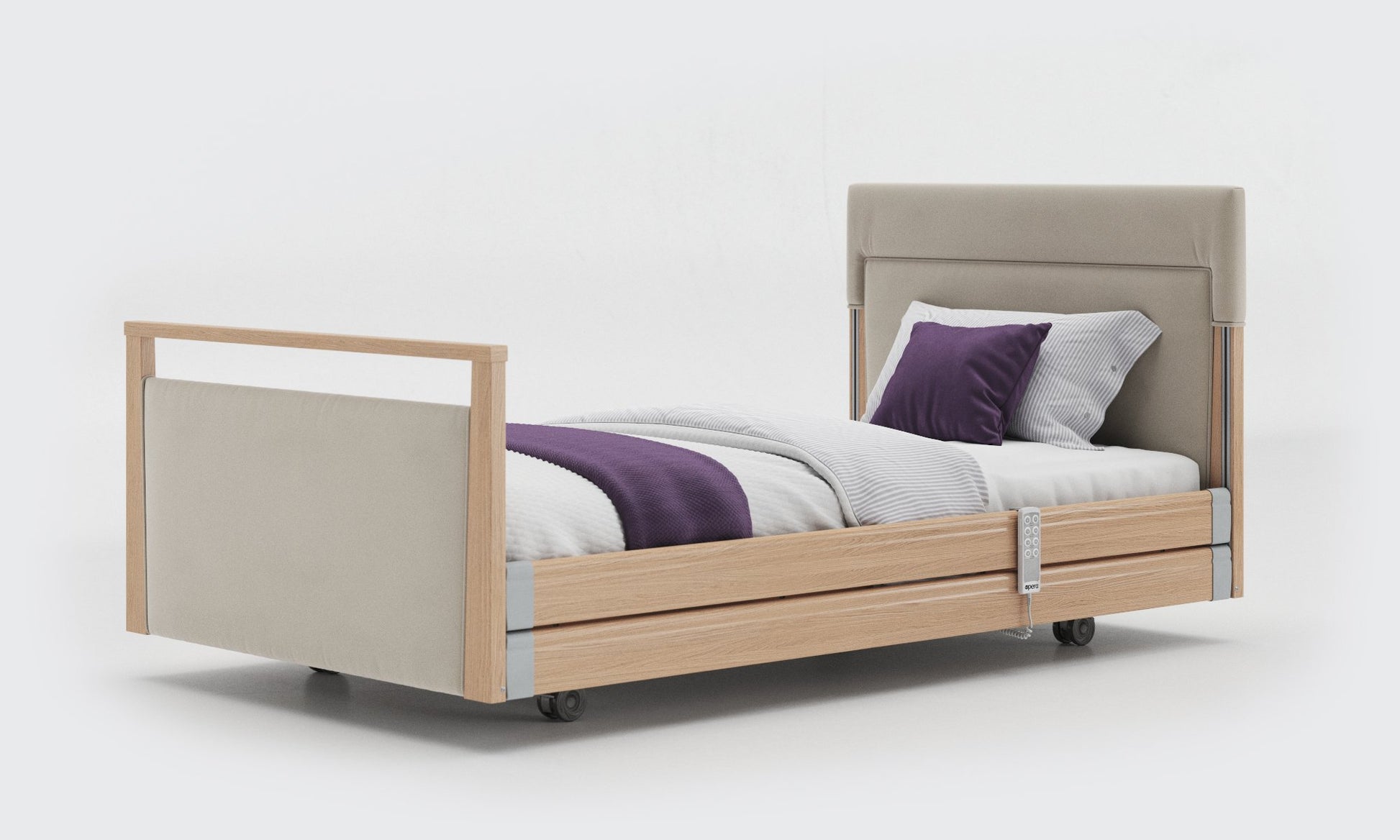 signature bed upholstered 3ft6 in oak with side rails in sisal leather