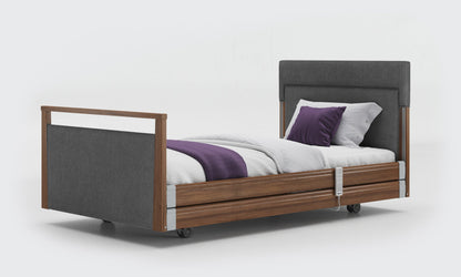Signature bed upholstered 3ft6 with rails in walnut in anthracite fabric