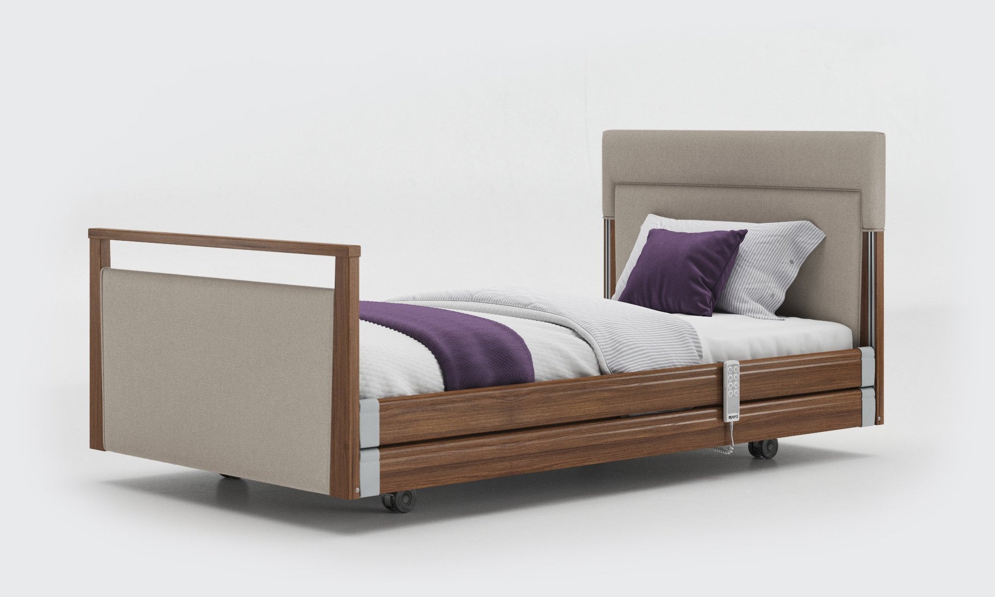 Signature bed upholstered 3ft6 with rails in walnut in Linen fabric