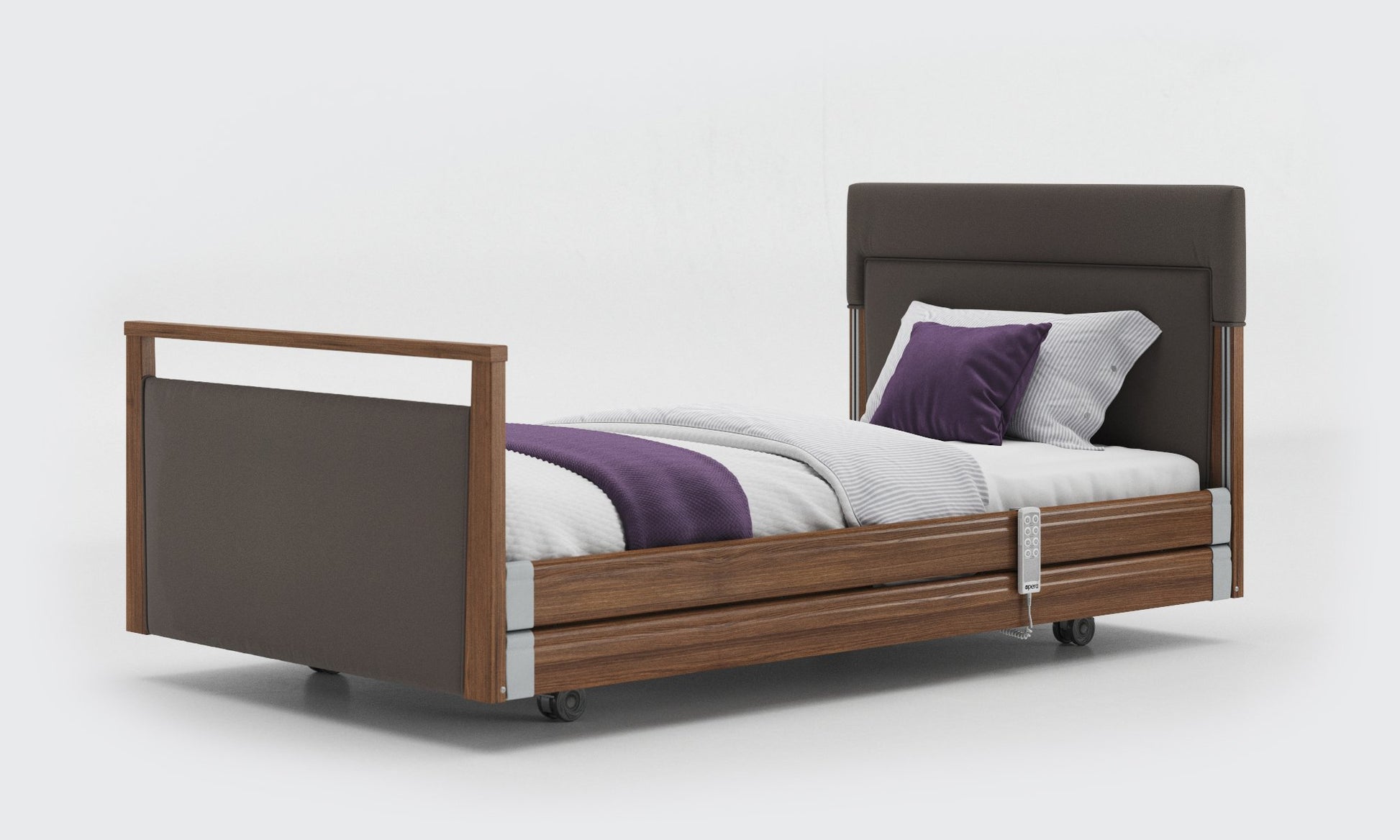 Signature bed upholstered 3ft6 with rails in walnut in meteor leather