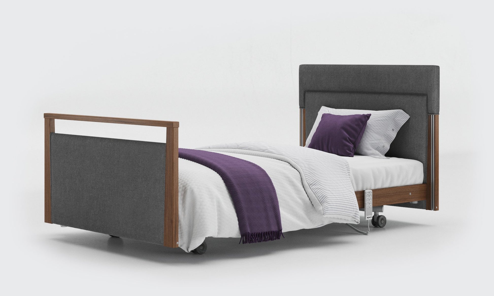 Signature bed upholstered 3ft6 without rails in walnut in Anthracite fabric
