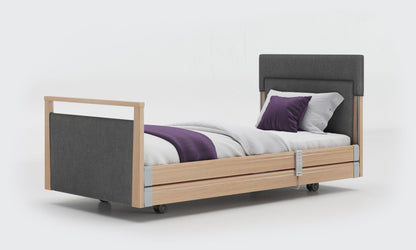 signature bed upholstered 3ft in oak with side rails in anthracite fabric