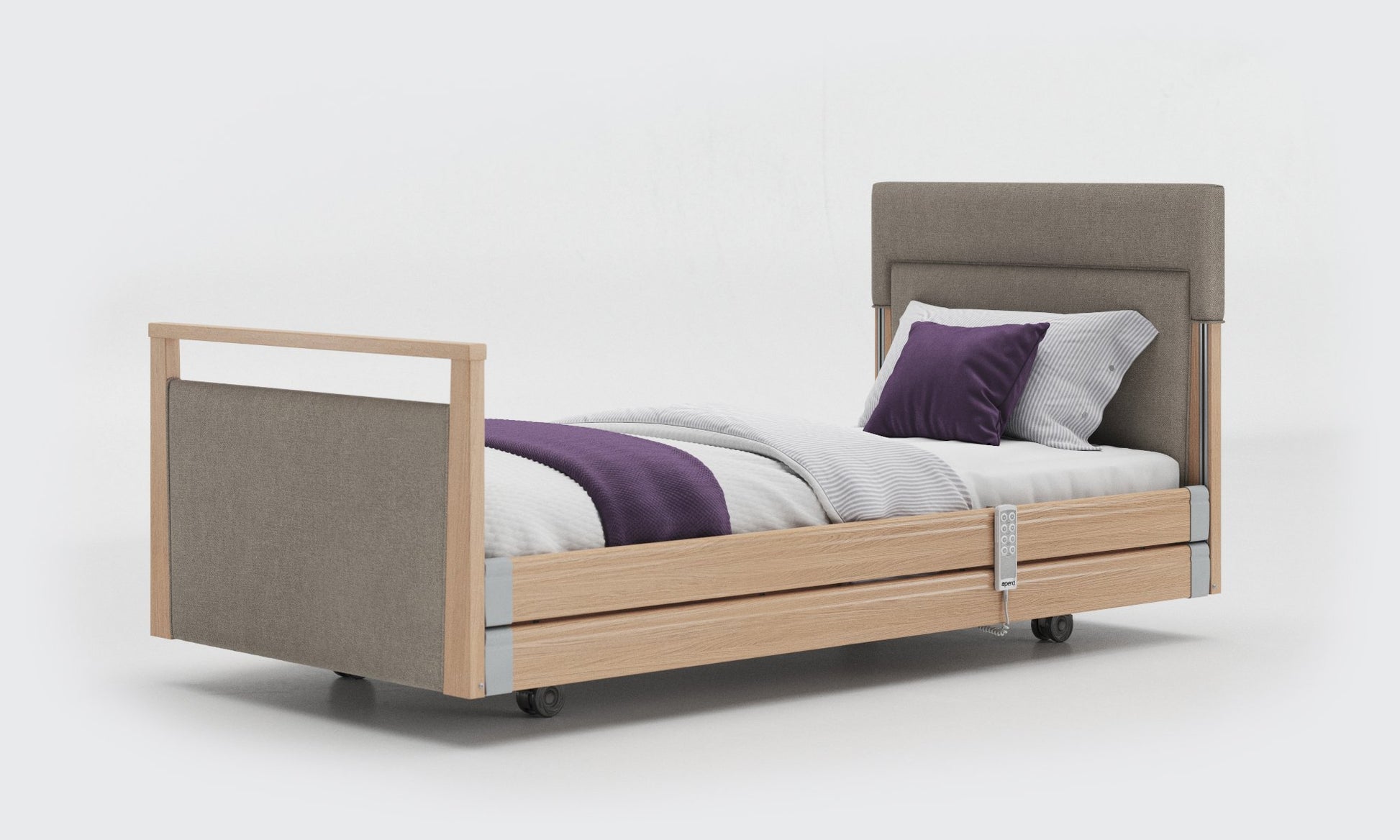 signature bed upholstered 3ft in oak with side rails in zinc fabric