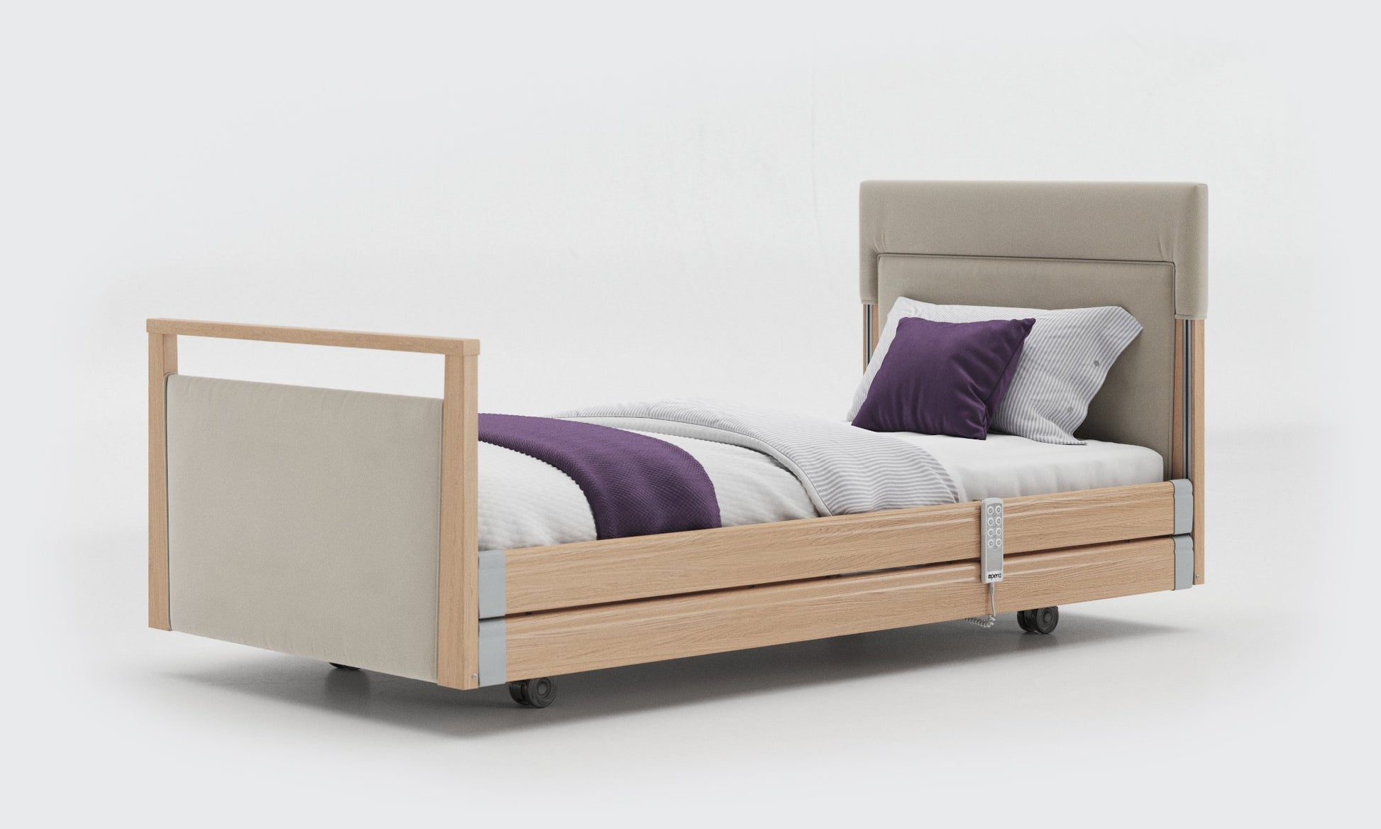 signature bed upholstered 3ft in oak with side rails in sisal leather
