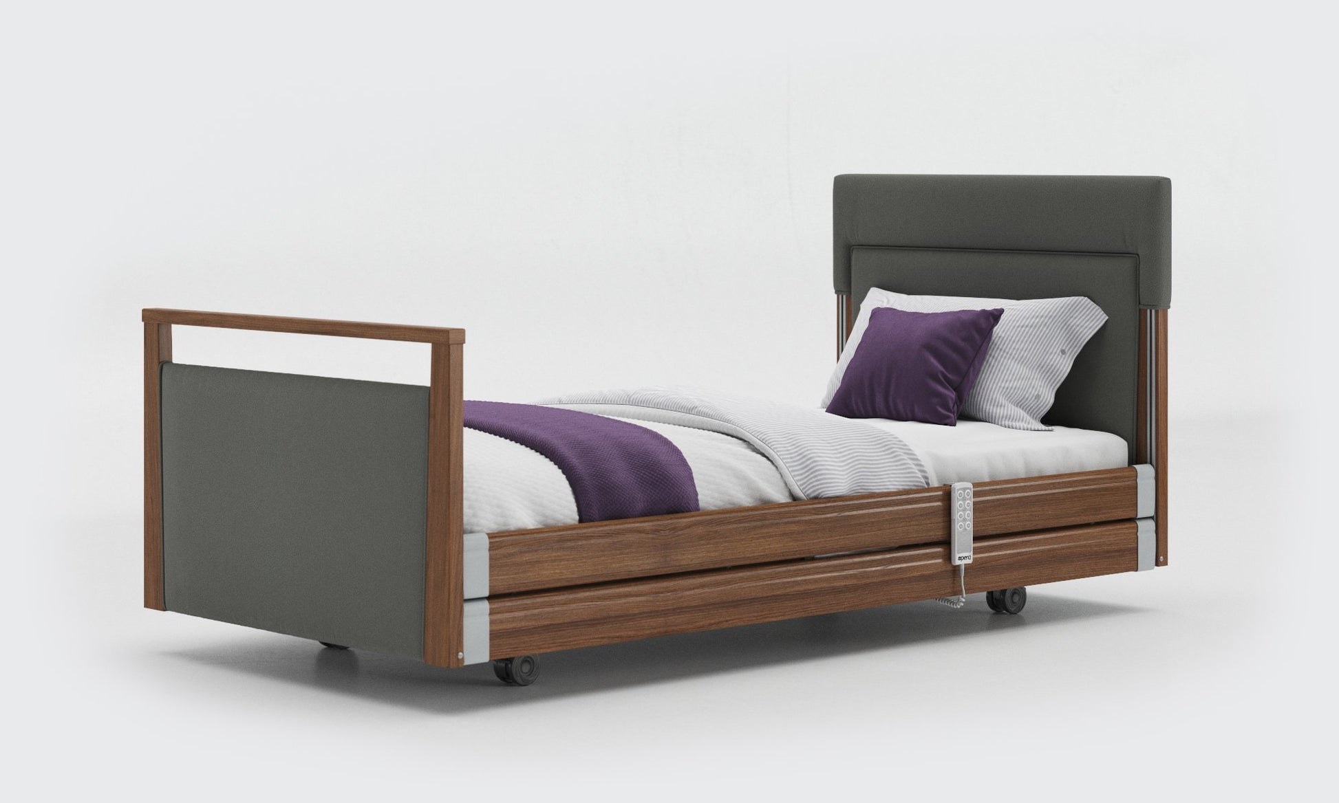signature bed upholstered 3ft with rails in walnut and lichtgrau leather