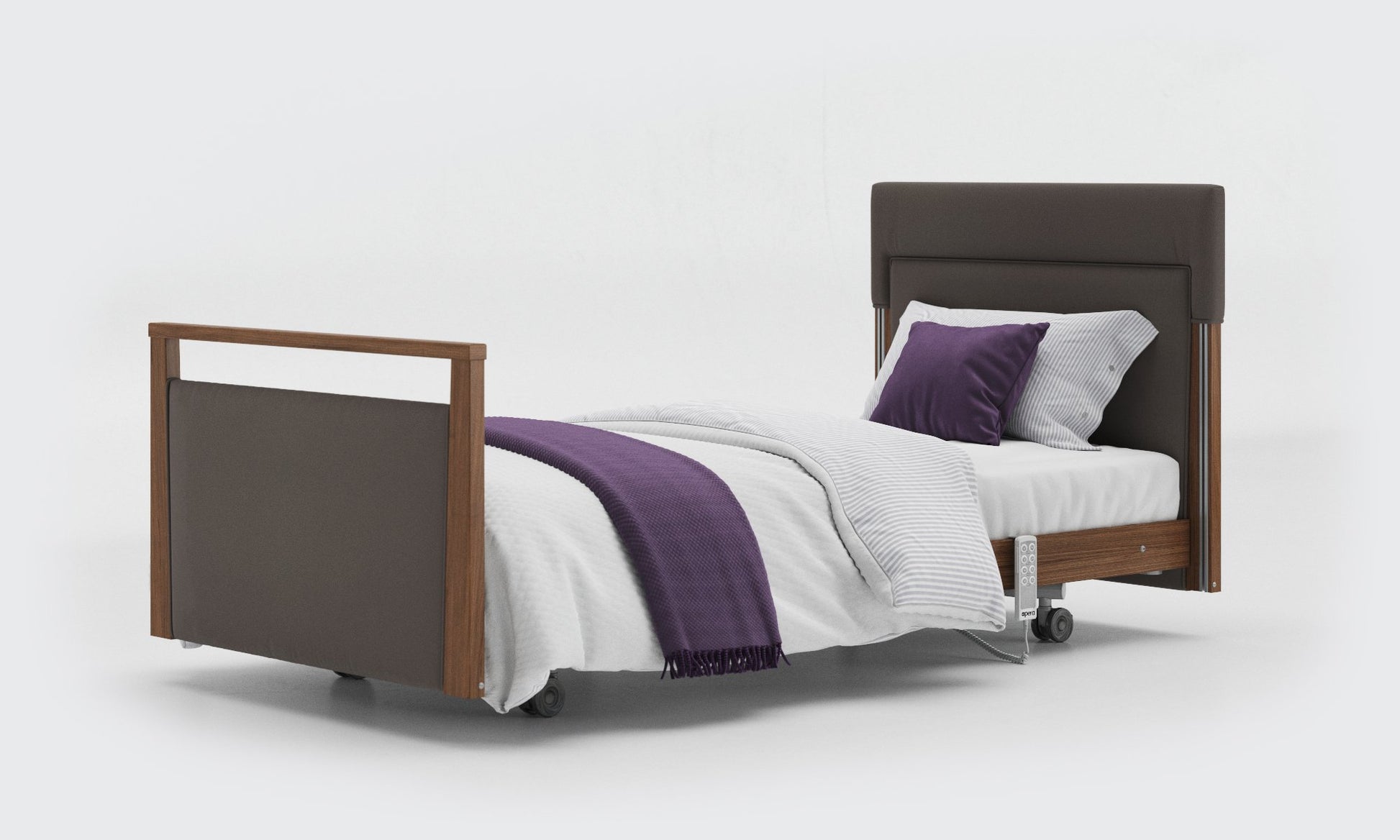 signature bed upholstered 3ft walnut without rails in meteor leather