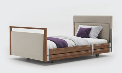 signature bed upholstered 4ft walnut with rails in sisal leather.