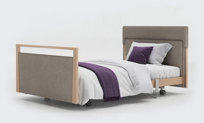 signature bed upholstered 4ft without rails in oak and zinc fabric