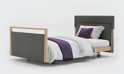 signature bed upholstered 4ft without rails in oak and lichtgrau leather