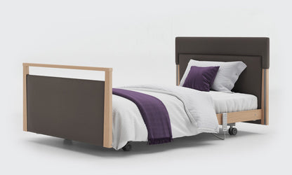 signature bed upholstered 4ft without rails in oak and meteor leather