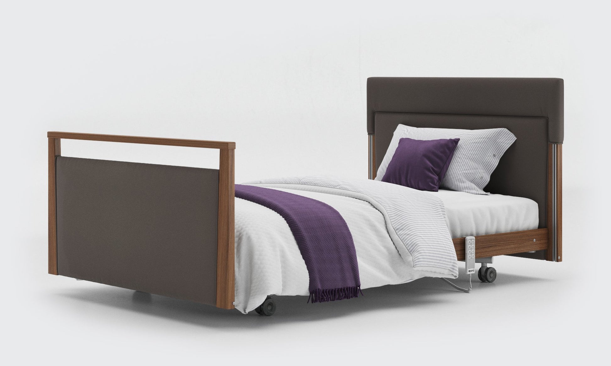signature bed upholstered 4ft without rails in walnut and meteor leather