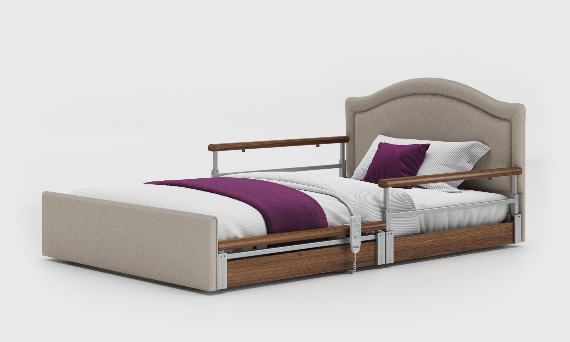 solo comfort plus 4ft bed walnut rails pearl headboard in linen fabric