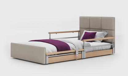 solo comfort plus bed in 3ft6 with oak split rails with an opal headboard in linen fabric