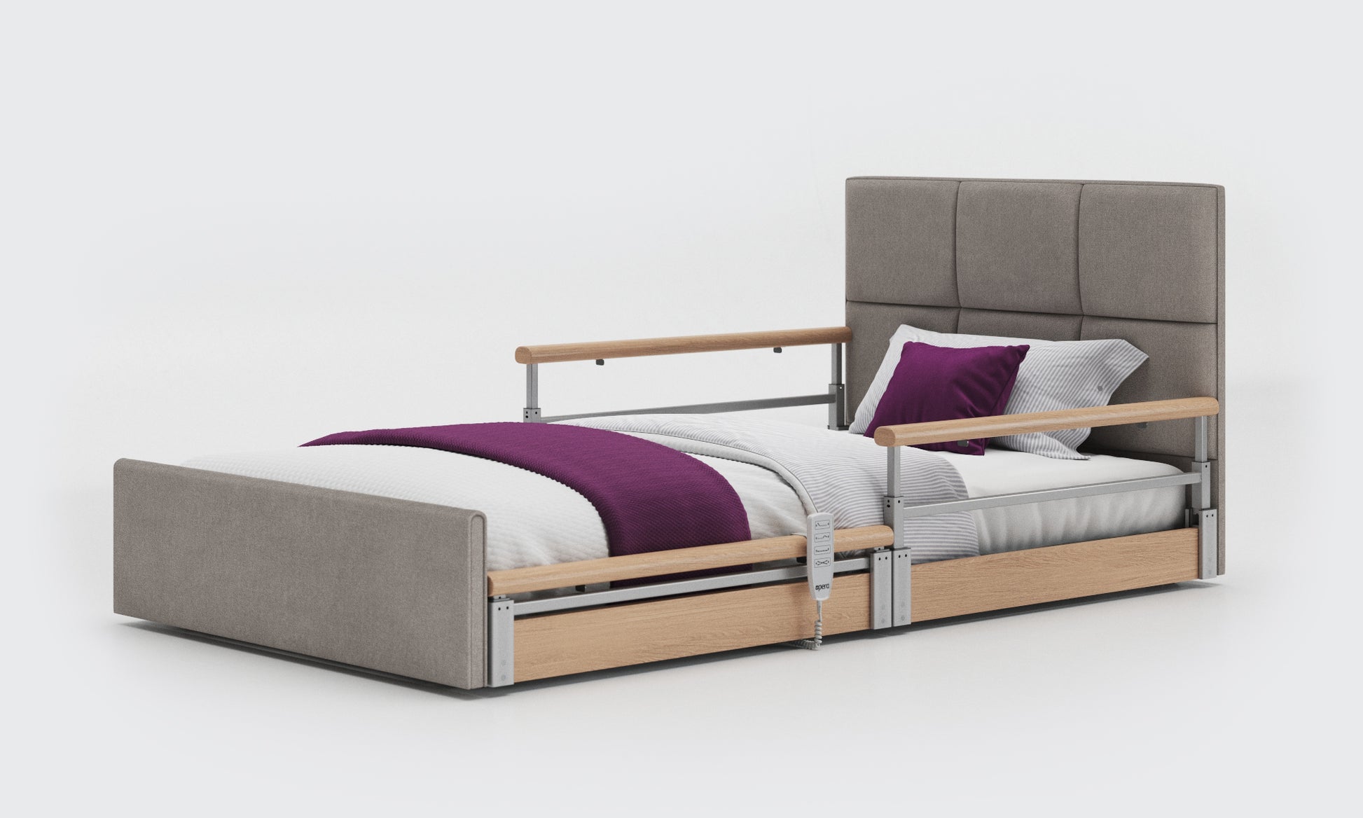solo comfort plus bed in 3ft6 with oak split rails with opal headboard in zinc fabric