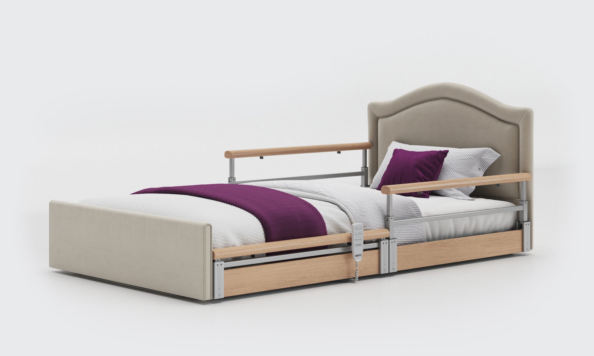 solo comfort plus bed 3ft6 with oak split rails with a pearl headboard in sisal leather 