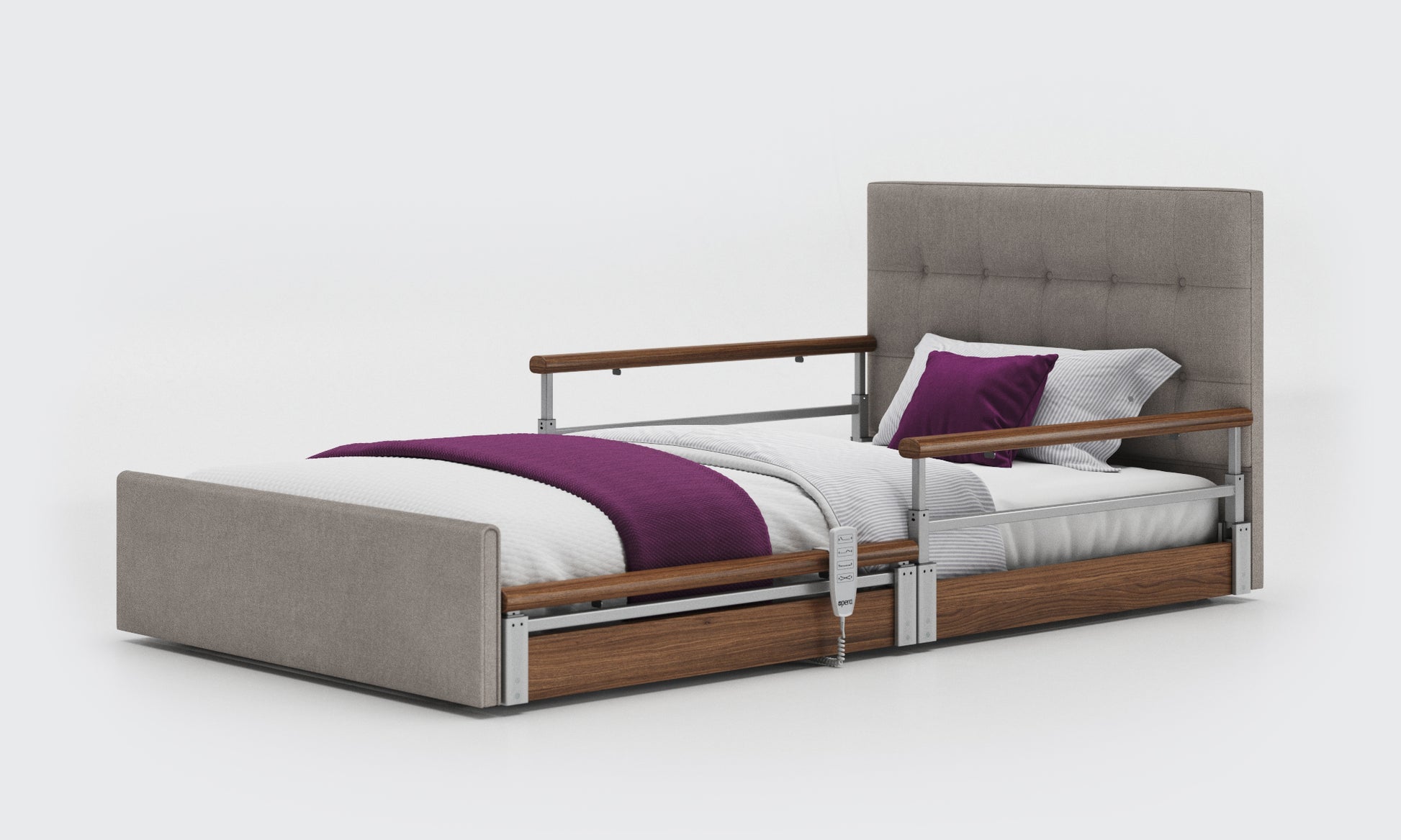solo comfort plus bed in 3ft6 with walnut split rails with an emerald headboard in zinc fabric