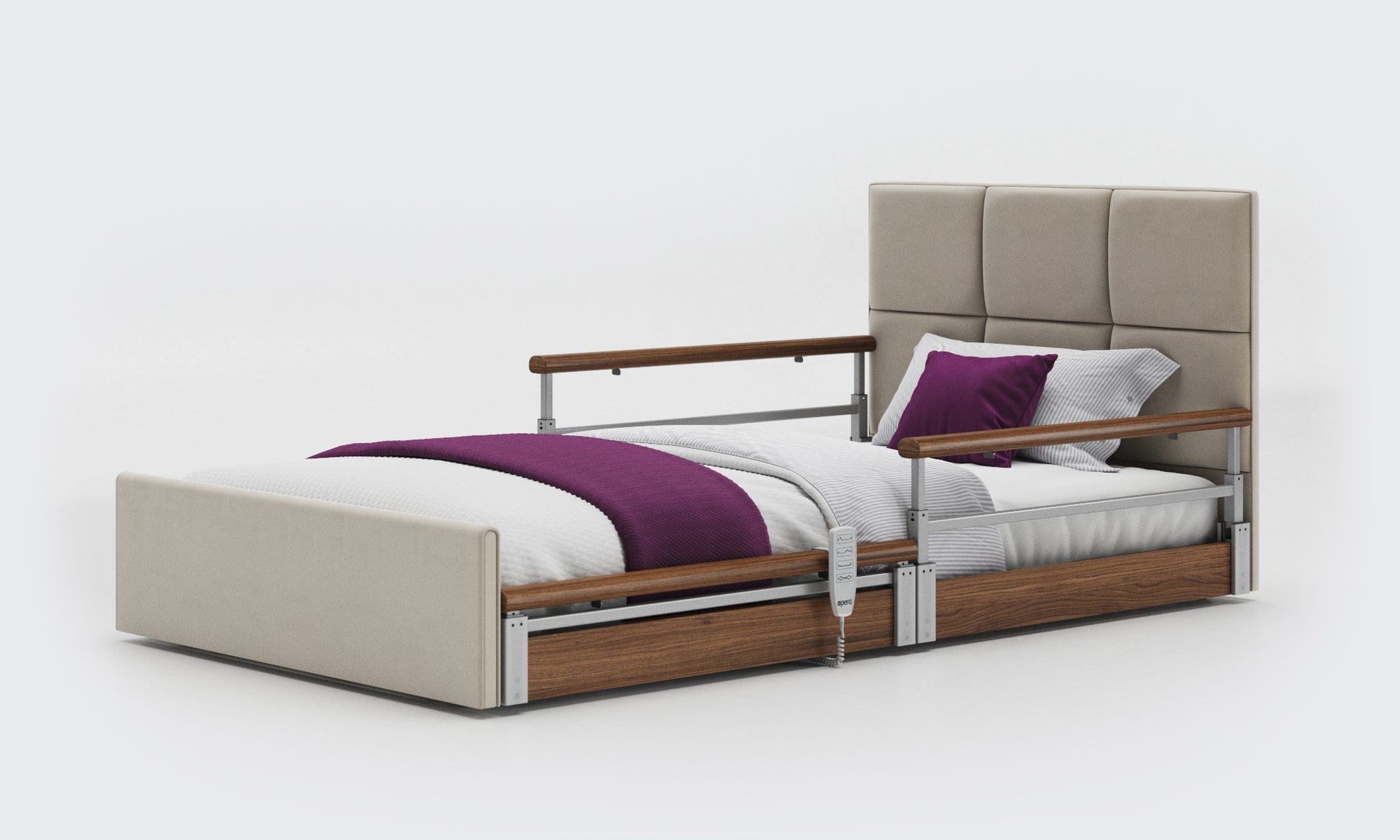 solo comfort plus bed in 3ft6 with walnut split rails and a opal headboard in sisal leather
