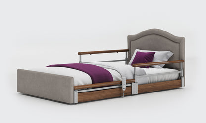 solo comfort plus bed in 3ft6 with walnut split rails with a pearl headboard in zinc fabric