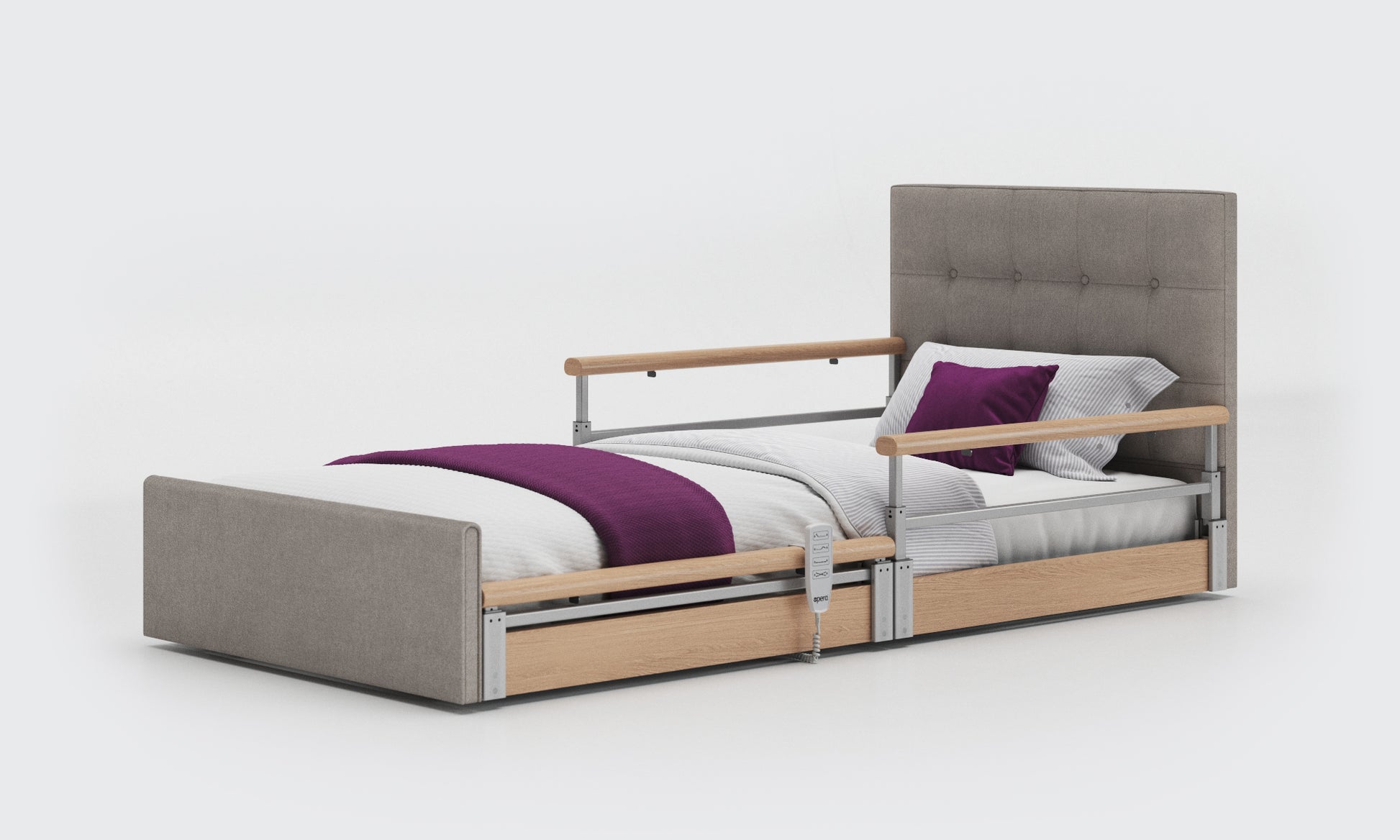 solo comfort plus bed in 3ft with oak split rails and an emerald headboard in zinc fabric
