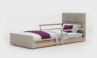 solo comfort plus bed in 3ft with oak split rails with an opal headboard in linen fabric