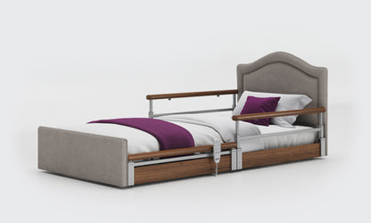 solo comfort plus bed in 3ft with walnut split rails with a pearl headboard in zinc fabric