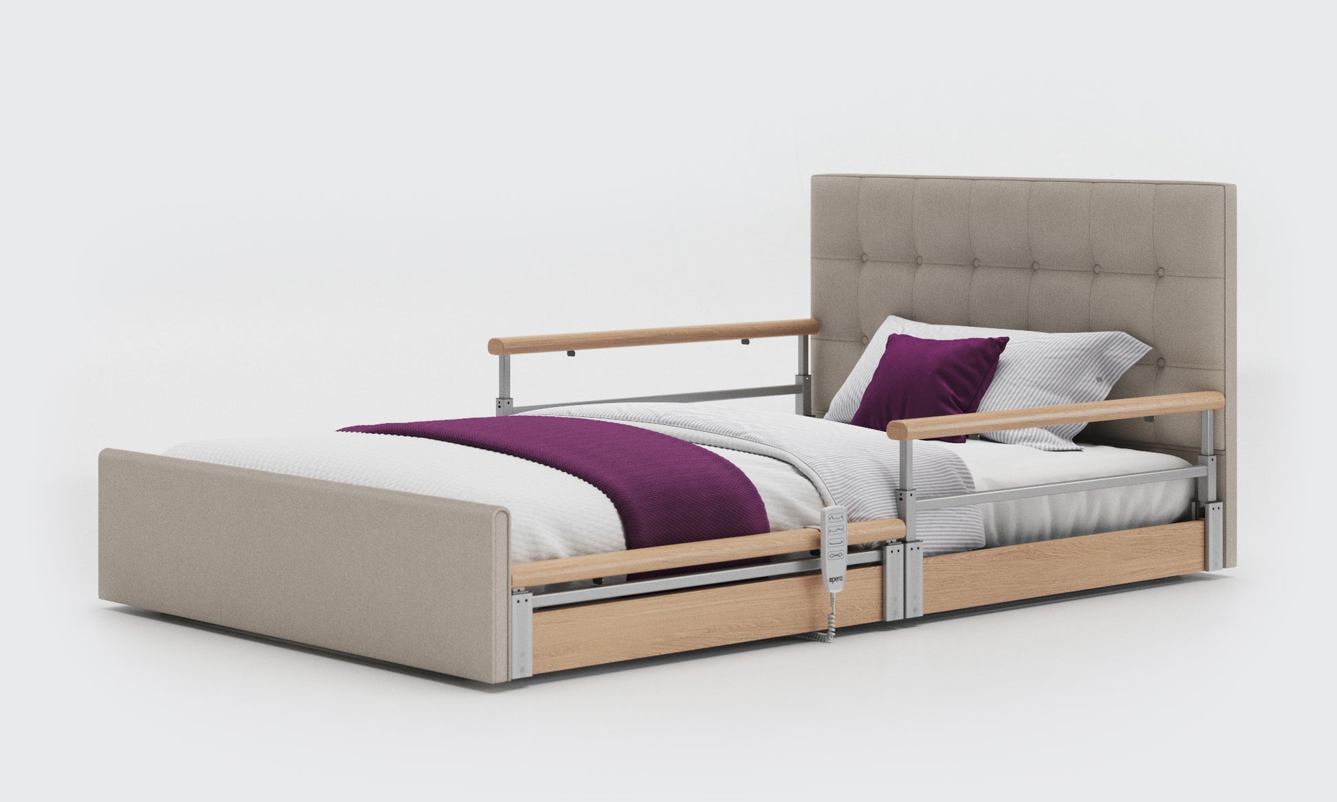 solo comfort plus bed in 4ft with oak split rails with a emerald headboard in linen fabric