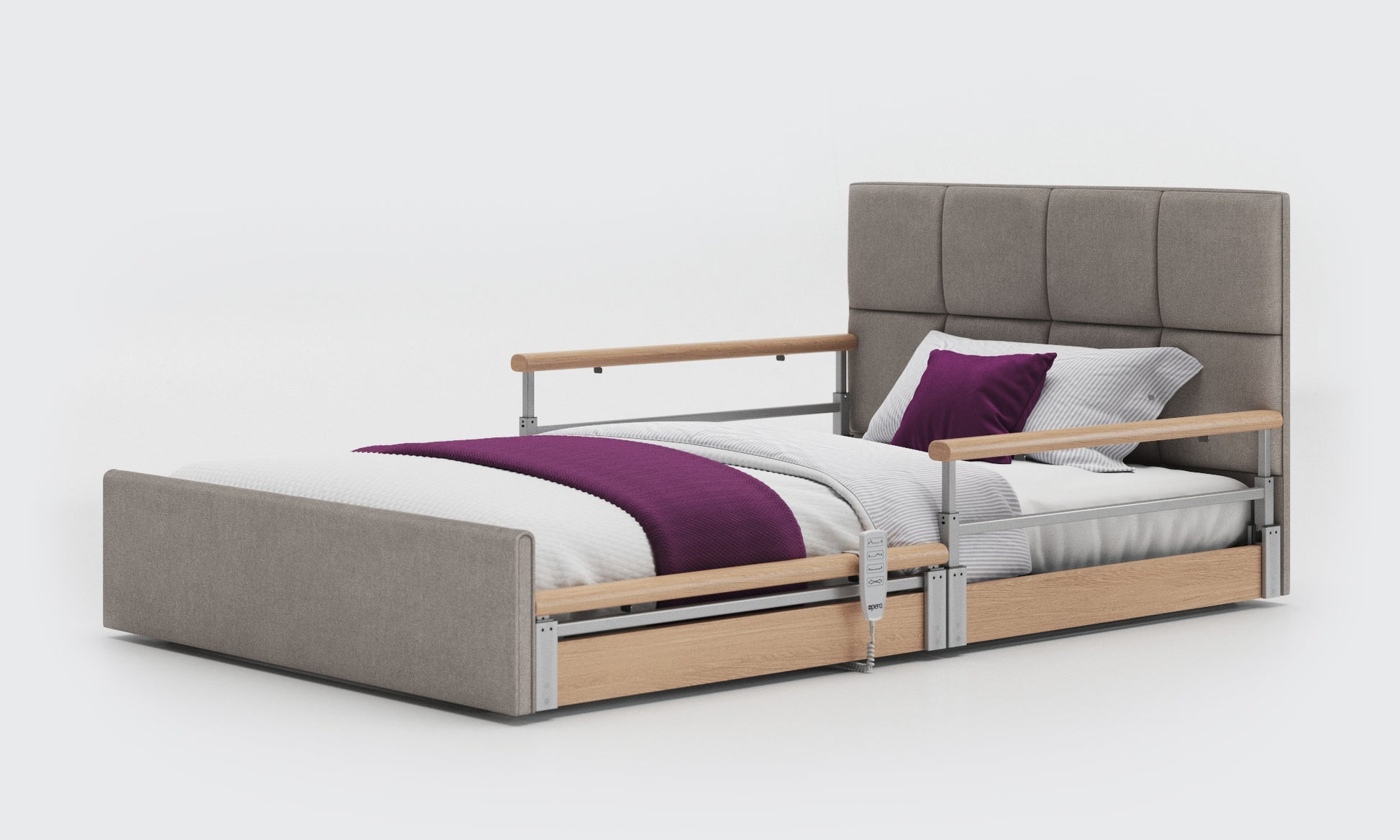 solo comfort plus bed in 4ft with oak split rails and with a opal headboard in zinc fabric