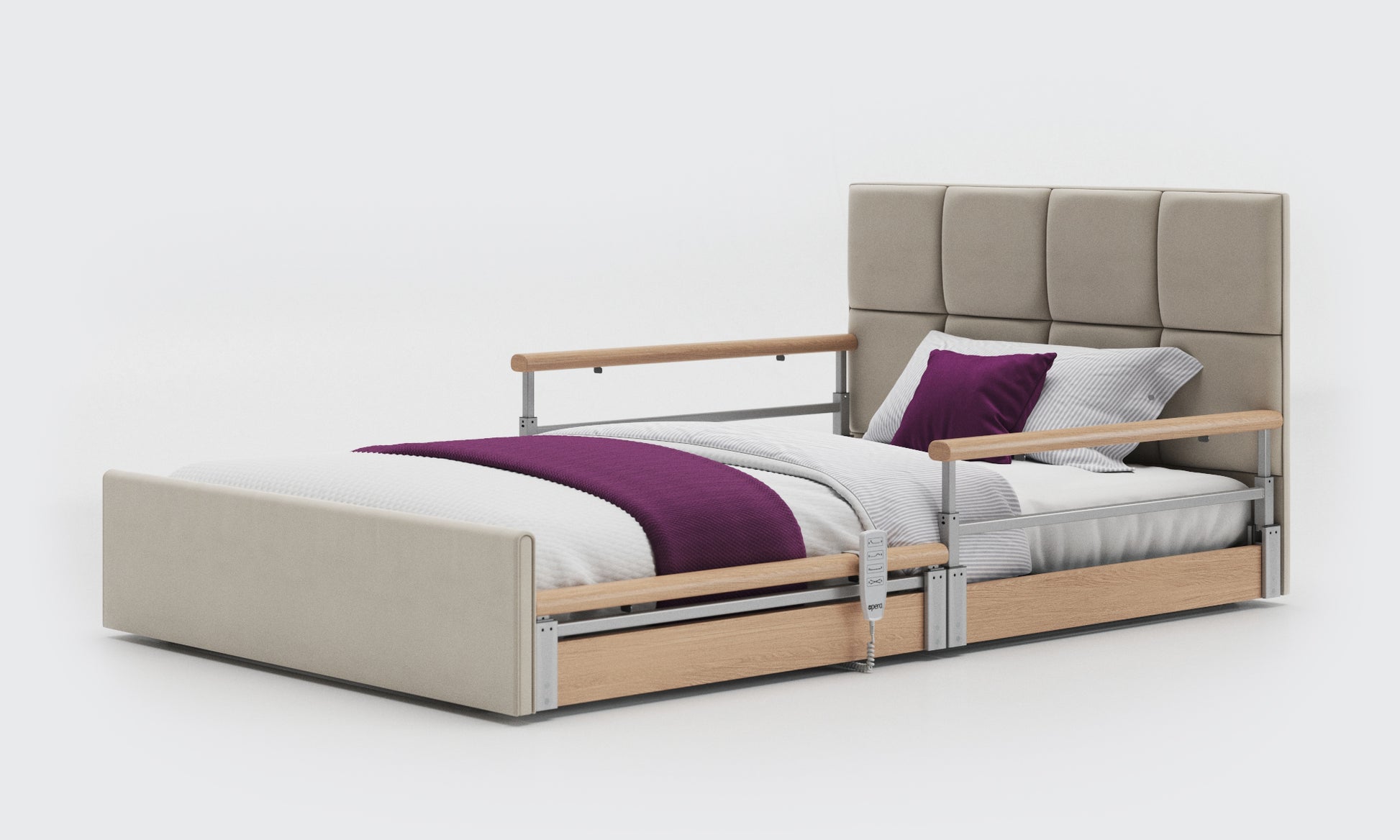 solo comfort plus bed 4ft with oak spit rails with an opal headboard in sisal leather