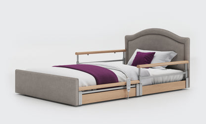 solo comfort plus bed 4ft with oak split rails with a pearl headboard in zinc fabric
