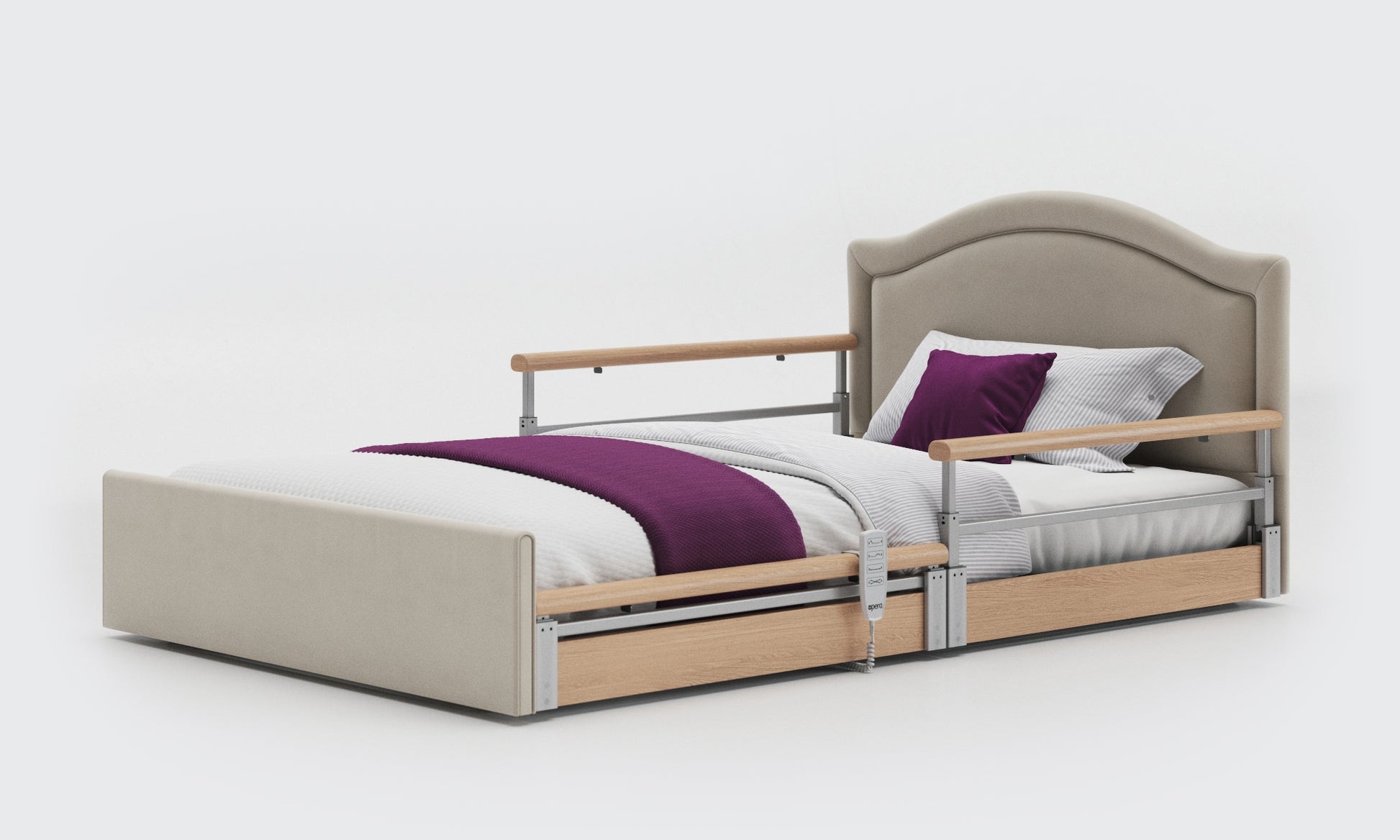 solo comfort plus bed 4ft with oak split rails with a pearl headboard and in sisal leather