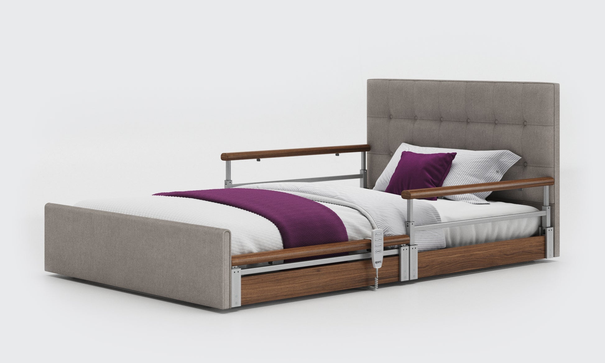 solo comfort plus bed in 4ft with walnut split rails and an emerald headboard in zinc fabric