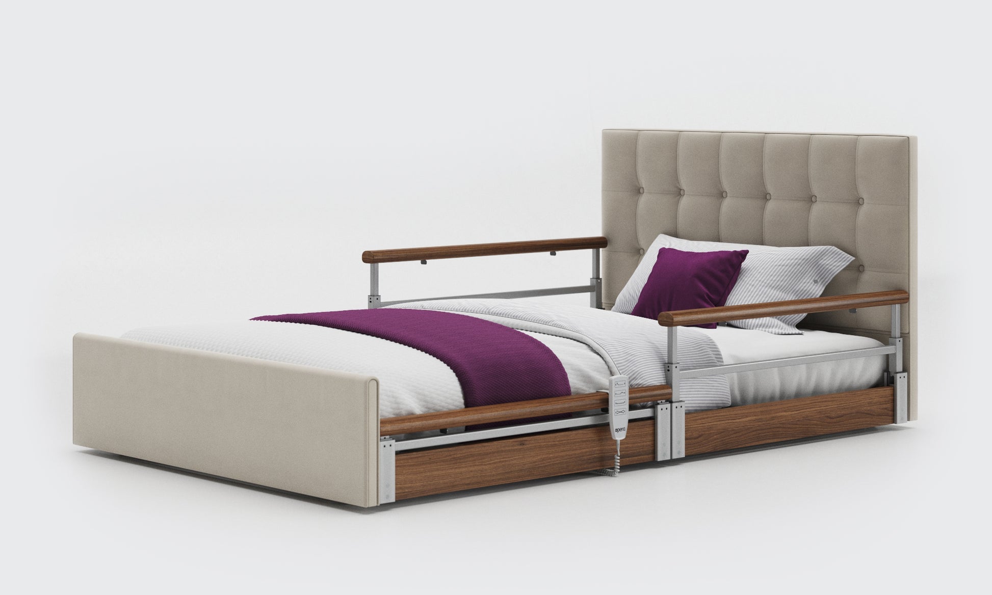 solo comfort plus bed 4ft with walnut split rails with an emerald headboard in sisal leather