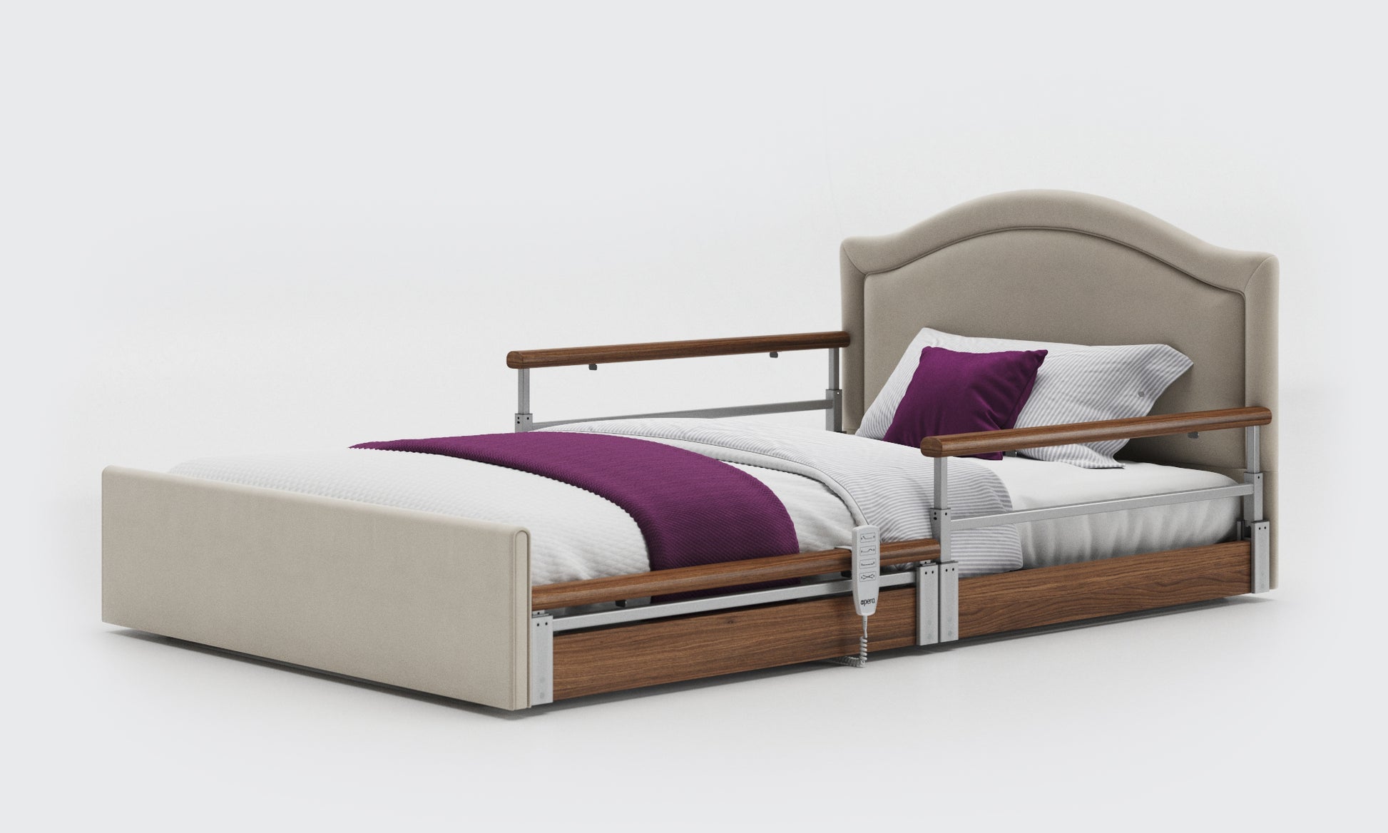solo comfort plus bed in 4ft with walnut split rails and a pearl headboard in sisal leather