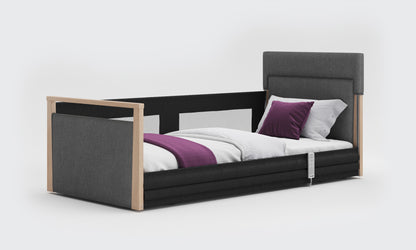 solo safeside 3ft upholstered bed in anthracite fabric and oak with mesh rails