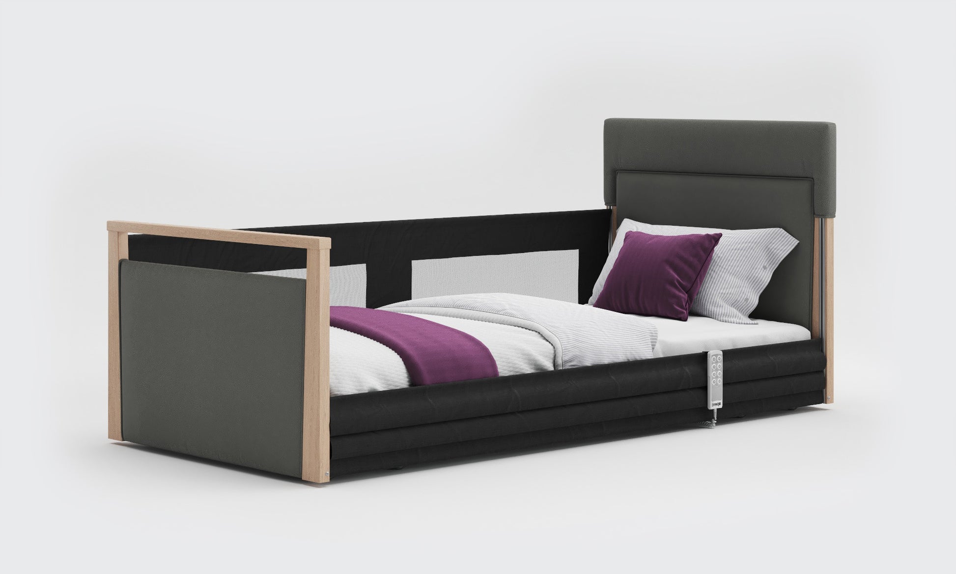 solo safeside 3ft upholstered bed in lichtgrau leather and oak with mesh rails