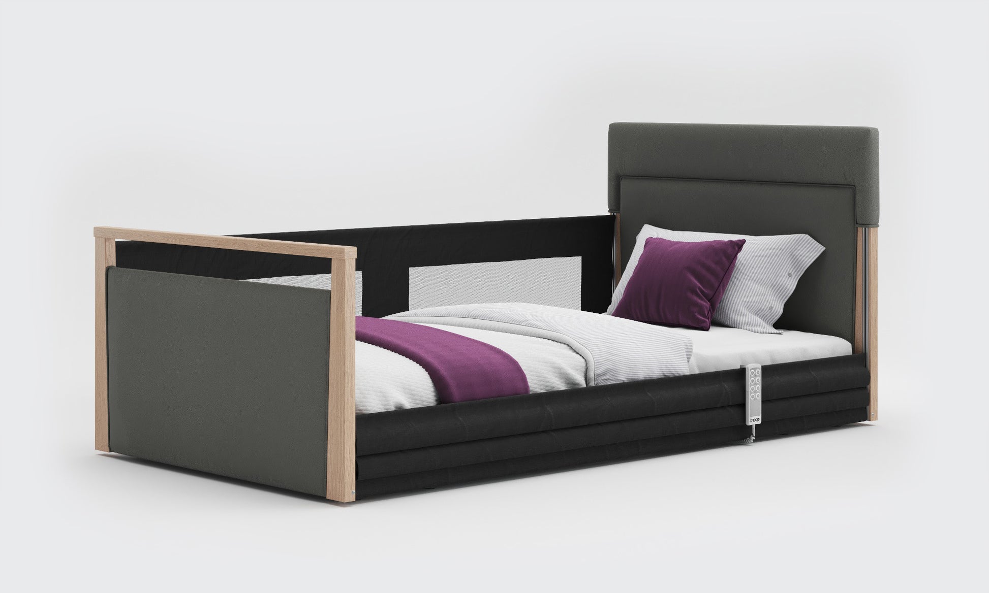 solo safeside 3ft6 upholstered bed in lichtgrau leather and oak with mesh rails