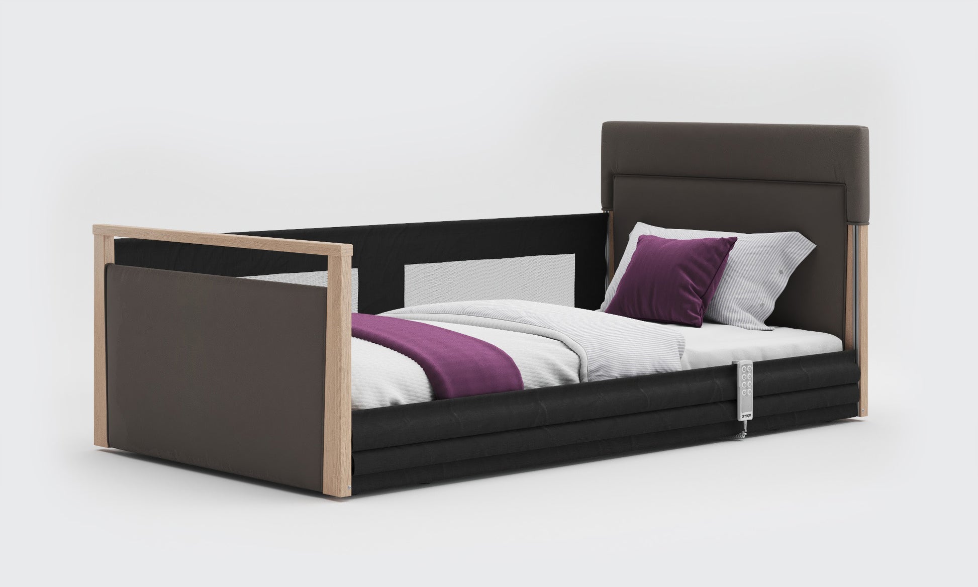 solo safeside 3ft6 upholstered bed with meteor leather and oak with mesh rails