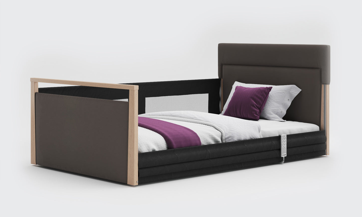 solo safeside 4ft bed in meteor leather and oak with mesh rails