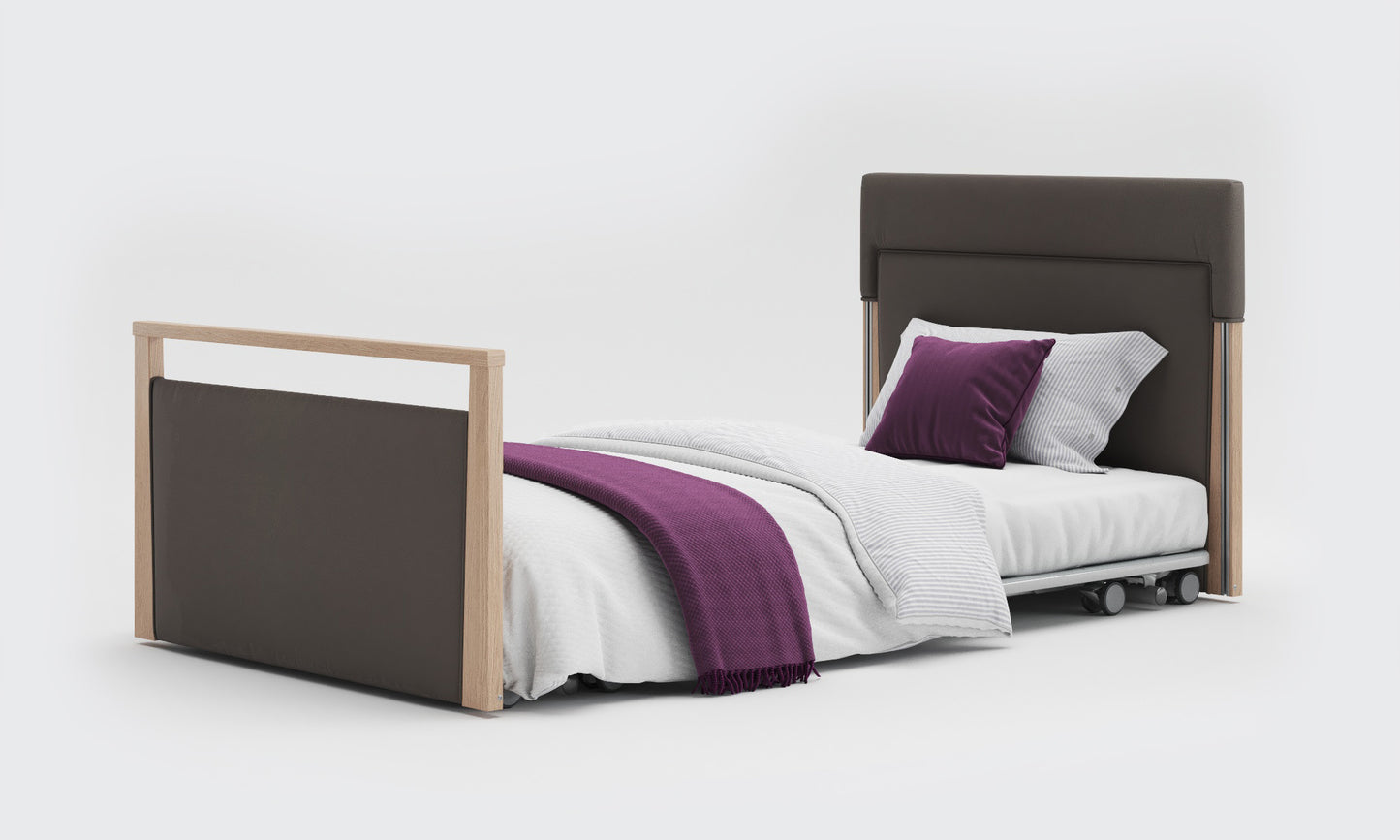 solo safeside 3ft6 upholstered bed in the meteor leather and oak