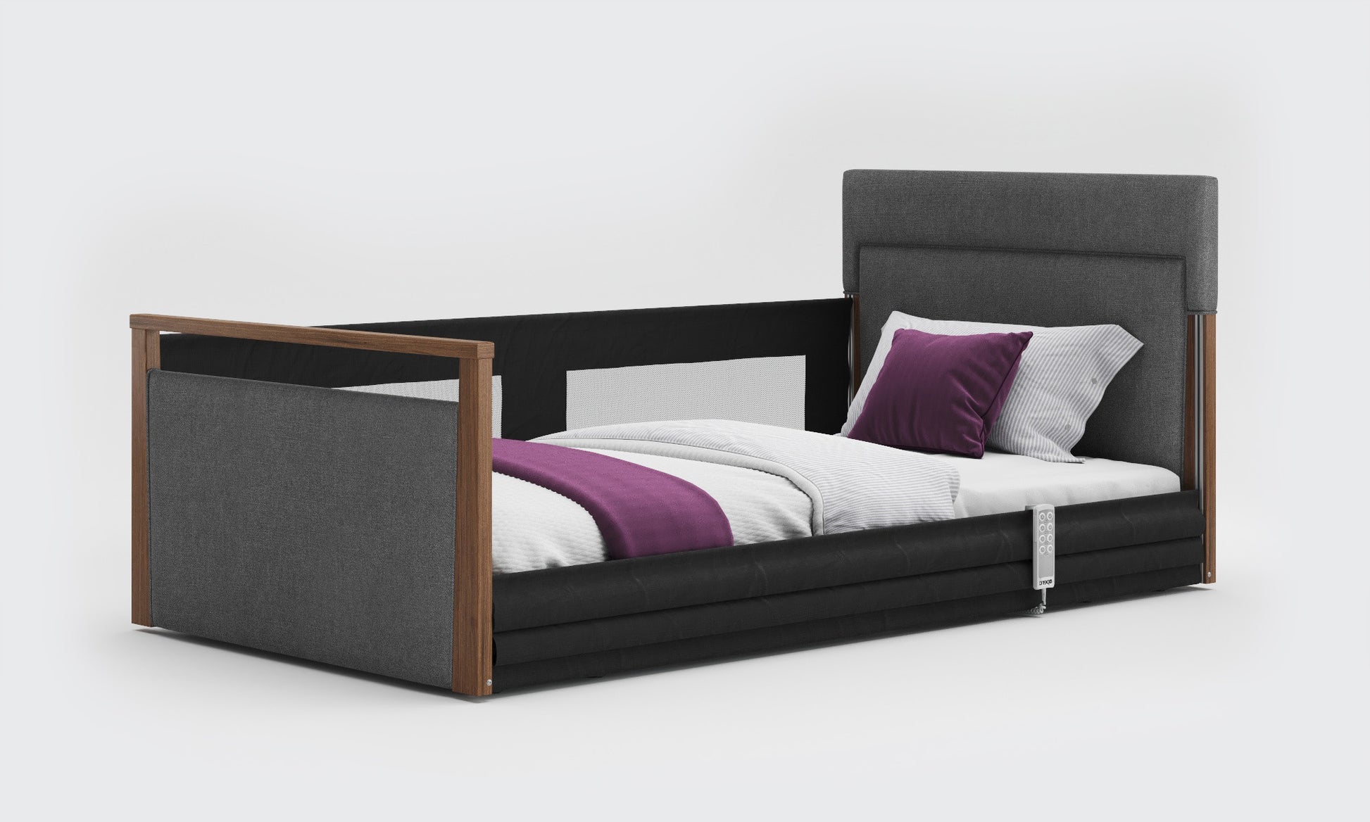 solo safeside 3ft6 upholstered bed with anthracite and walnut with mesh rails