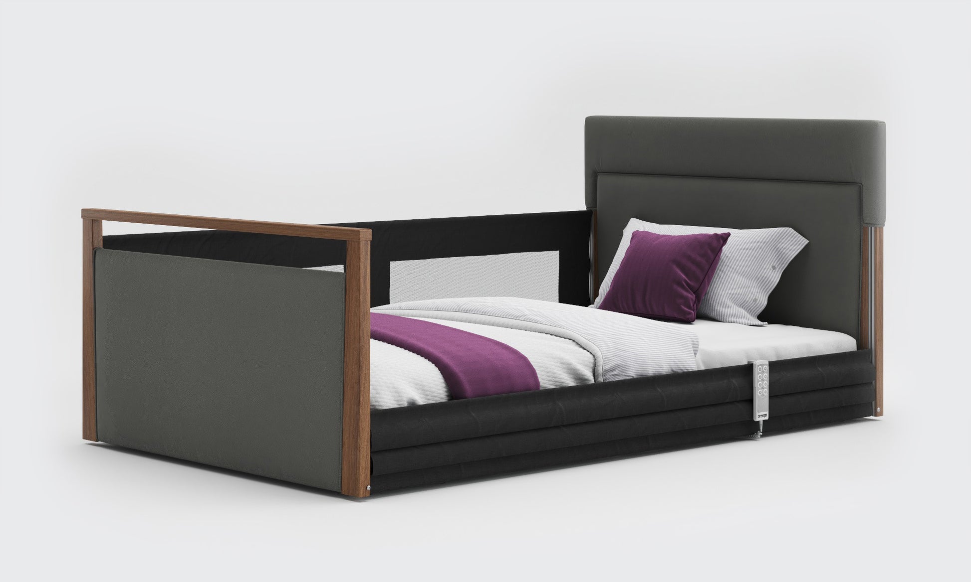 solo safeside 4ft bed in lichtgrau leather and walnut with mesh rails