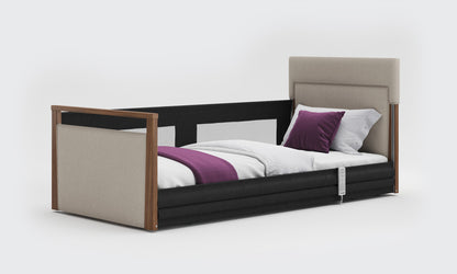 solo safeside 3ft upholstered bed in linen and walnut with mesh rails