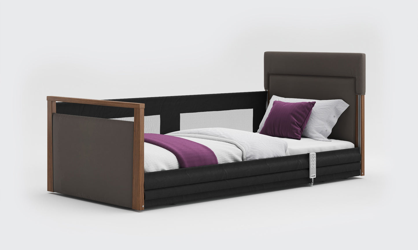 solo safeside 3ft upholstered bed in meteor leather and walnut with mesh rails